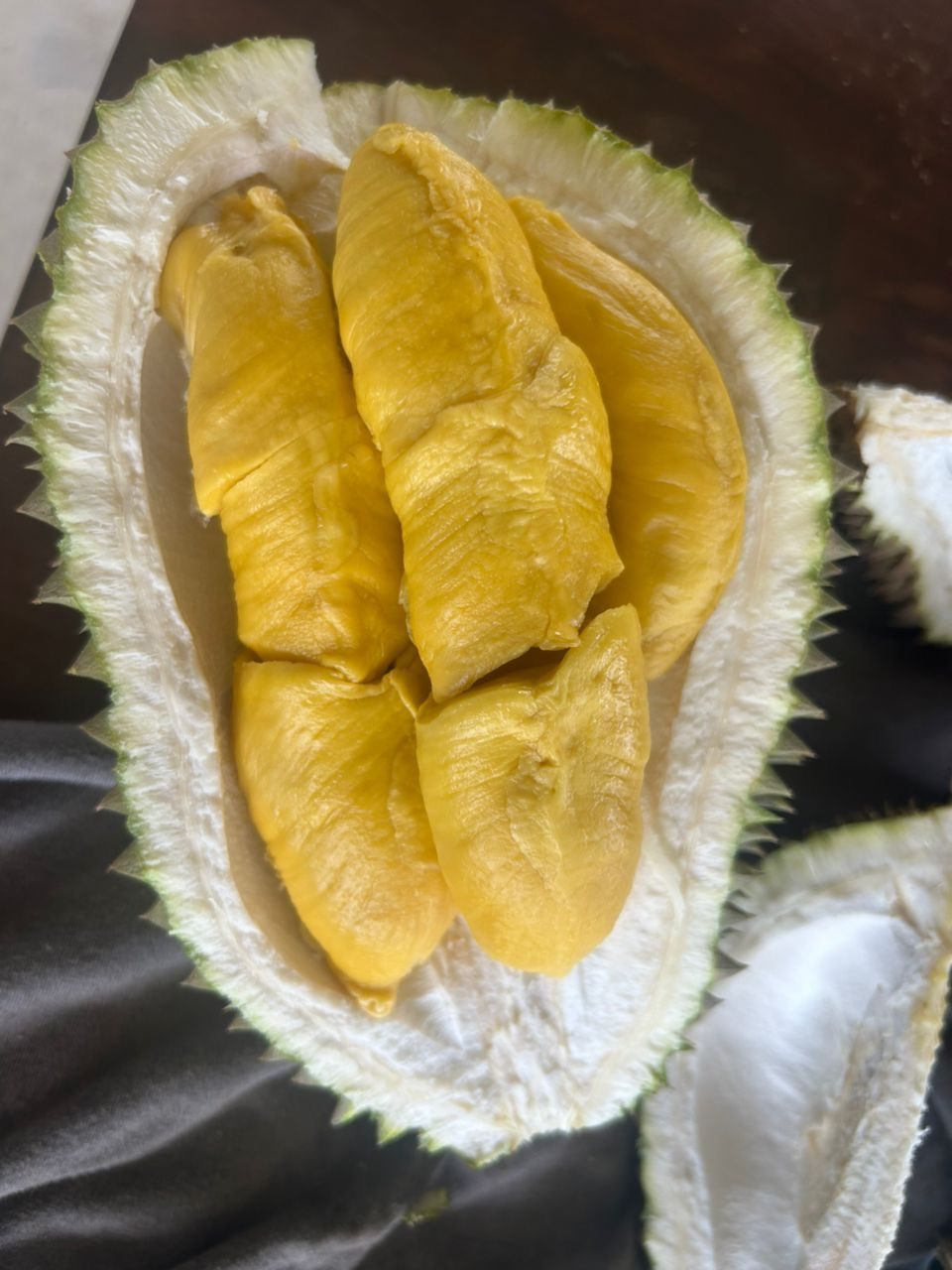 Fresh open durian showing thick golden flesh